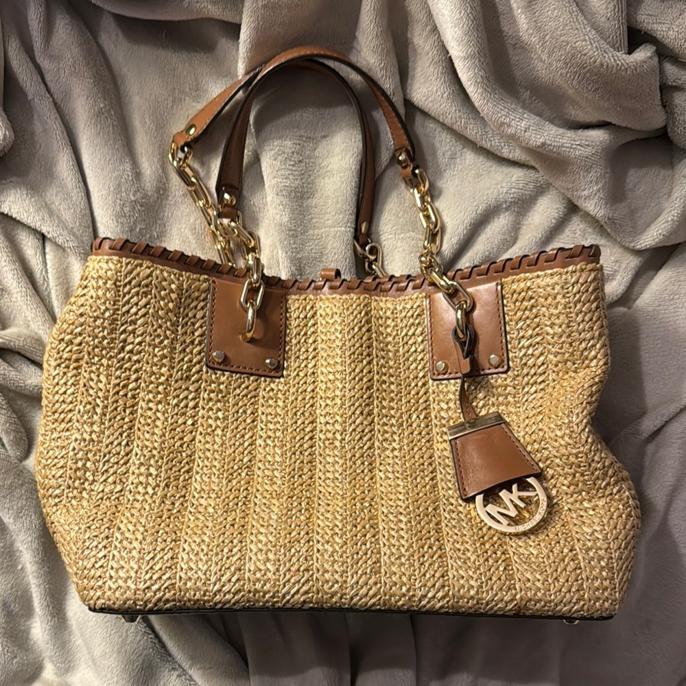 Michael Kors Tan and Brown Woven  Straw satchel with crossbody strap...BEAUTIFUL